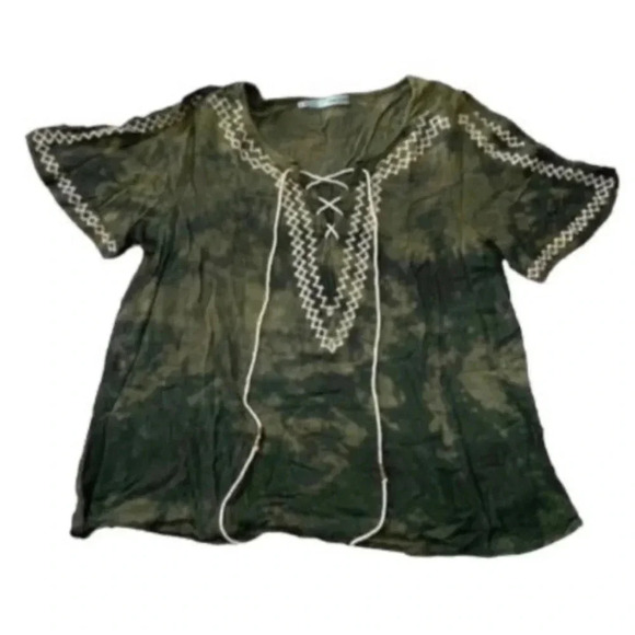 Green Tie‎ Dye Cropped Blouse Embroidered Tassels Peasant Boho Fairycore Small - Picture 2 of 12